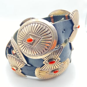 Important Linda Marble Vintage Native American Navajo Coral Sterling Silver Concho Belt Important Linda Marble Vintage Native American Navajo Coral Sterling Silver Concho Belt