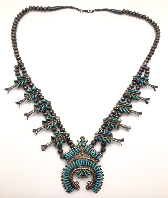 Wow! Dishta Style Vintage Zuni Turquoise Sterling Native American Jewelry Silver Squash Blossom Necklace Wow! Dishta Style Vintage Zuni Turquoise Sterling Native American Jewelry Silver Squash Blossom Necklace