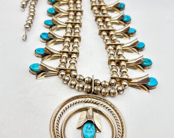 NAVAJO T.Yazzie ナバホ ビッグフェザーネックレストップ ブローチ Frank Yazzie Navajo Sterling Silver Turquoise Traditional Squash