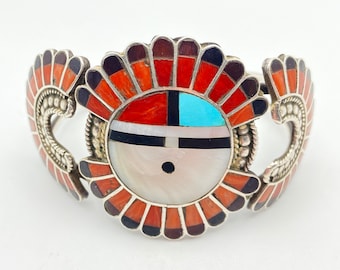 Vintage Zuni Jewelry, Roger and Lela Cellicion Inlay Coral and Multi Stone Sunface Bracelet, Old Dead Pawn
