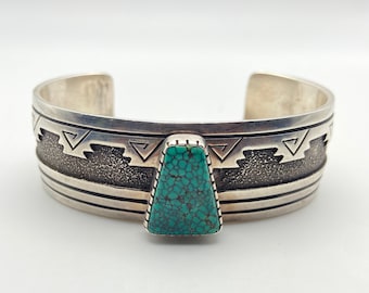 Albert Nells Turquoise and Sterling Silver Overlay Cuff Bracelet, Navajo