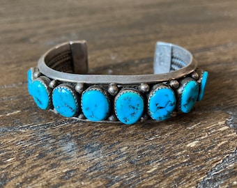 Harry H. Begay Navajo Turquoise Row and Sterling Silver Cuff Bracelet