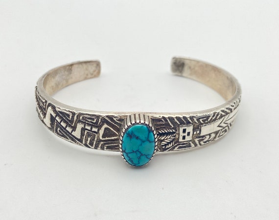 Intricate Vintage Native American Navajo Needle Turquoise Sterling Silver Bracelet Intricate Vintage Native American Navajo Needle Turquoise Sterling Silver Bracelet