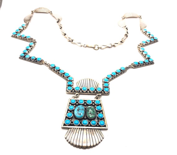 Unique Vintage Native American Needle Turquoise Shell Sterling Silver Necklace Unique Vintage Native American Needle Turquoise Shell Sterling Silver Necklace