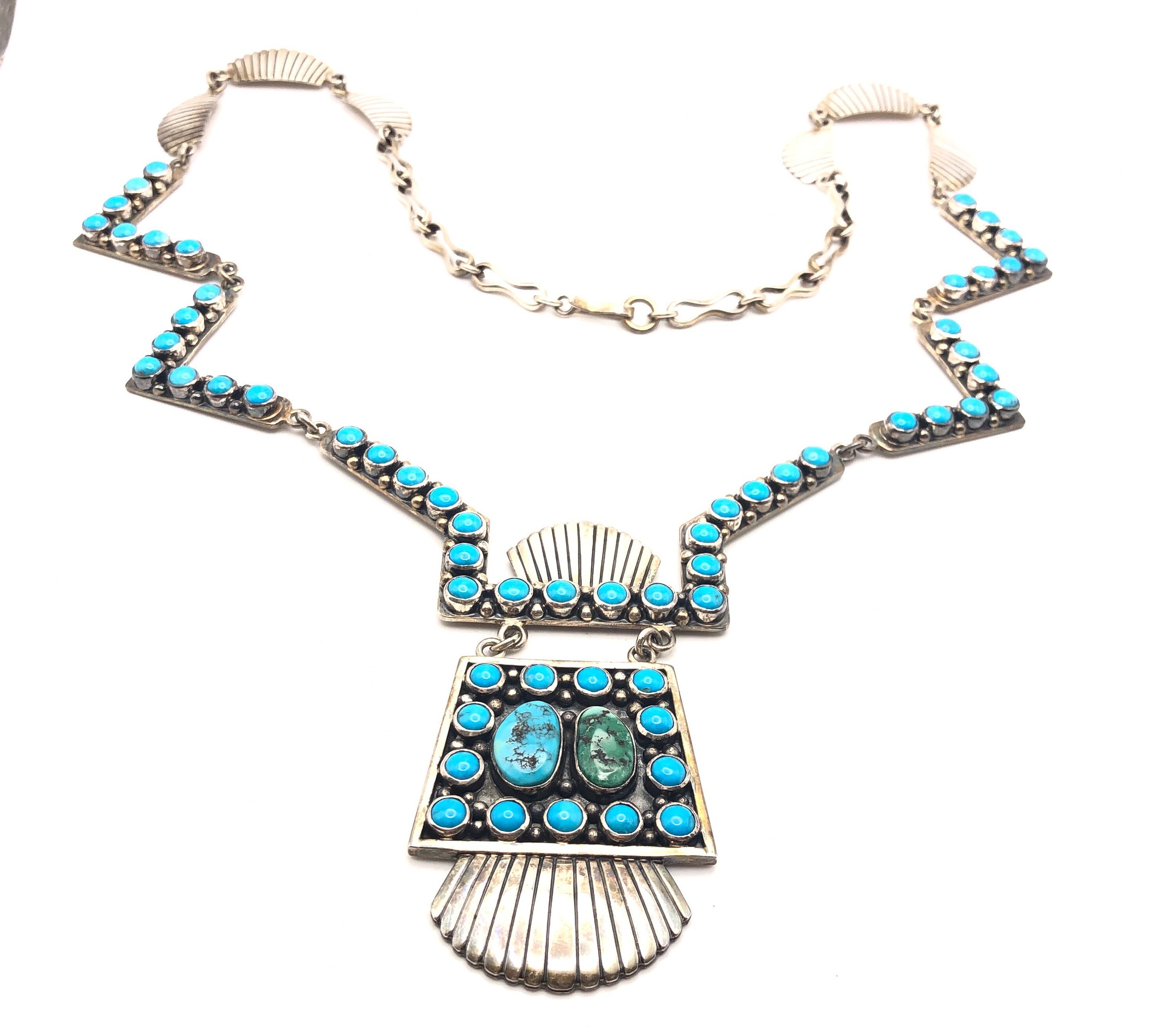 Unique Vintage Native American Needle Turquoise Shell Sterling Silver Necklace Unique Vintage Native American Needle Turquoise Shell Sterling Silver Necklace