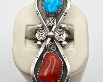 Phillip Morse Kingman Turquoise and Coral Ring, Size 8