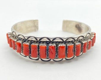 Vintage Navajo Tommie Tso Sr. Coral Row Sterling Silver Cuff Bracelet