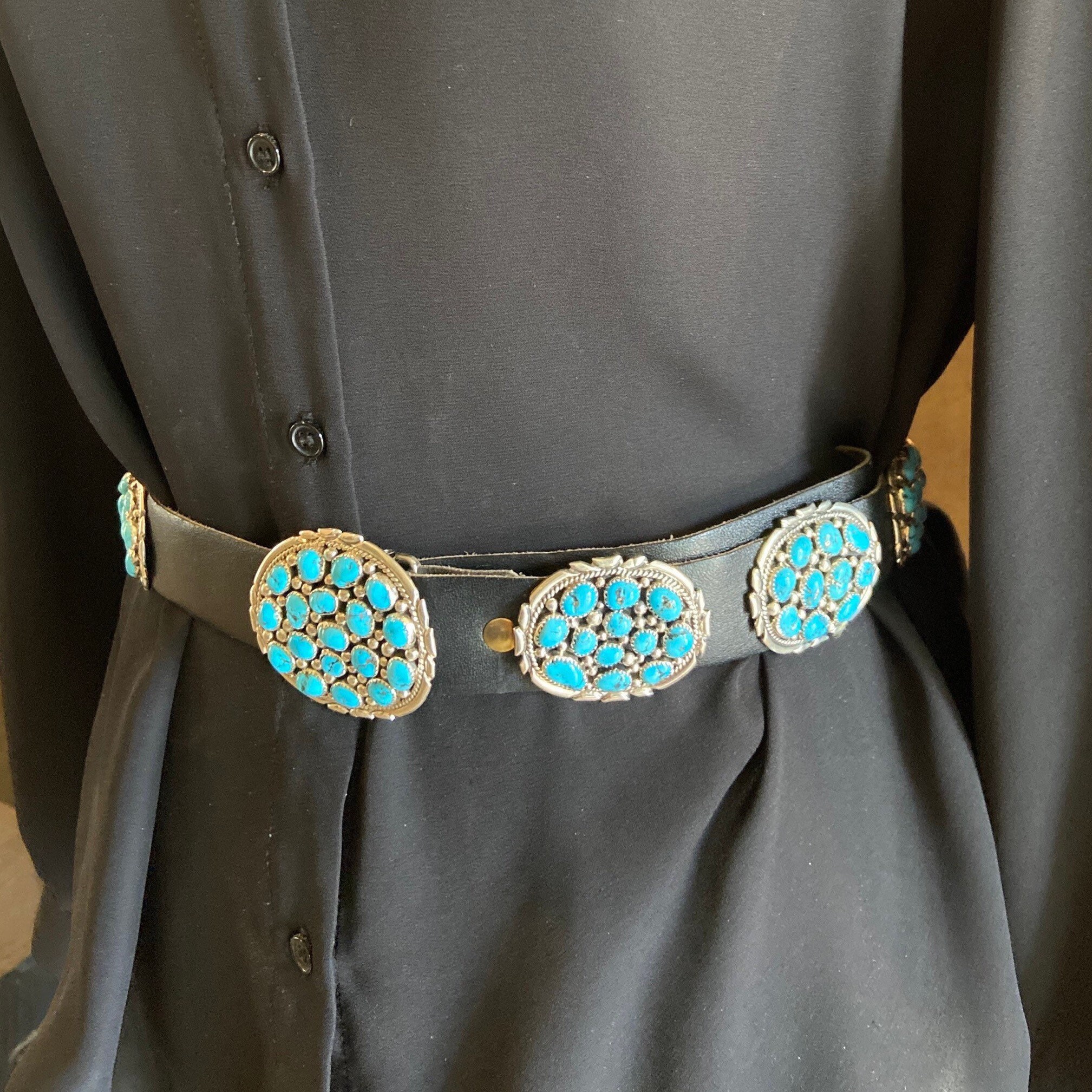 Kingman Turquoise With Matrix Cluster Sterling Silver Concho Belt Buckle COLLECTOR CONCHO BELT — KIRK SMITH (NAVAJO • 1957–2012) A  main image 4
