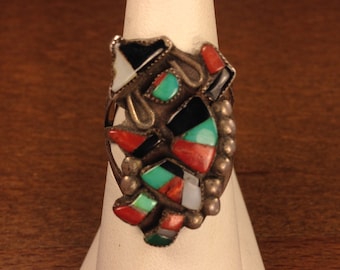 Vintage Zuni Rainbow Man Dancer Inlay Ring, Coral, Turquoise, Mother-of-Pearl, Jet Onyx, Sz. 7&3/4