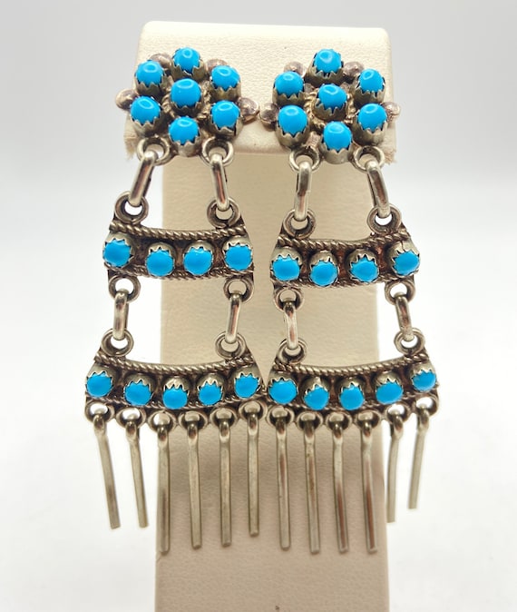 Vintage Zuni Sterling Silver Chandelier Turquoise Coral Earrings Vintage Zuni Sterling Silver Chandelier Turquoise Coral Earrings