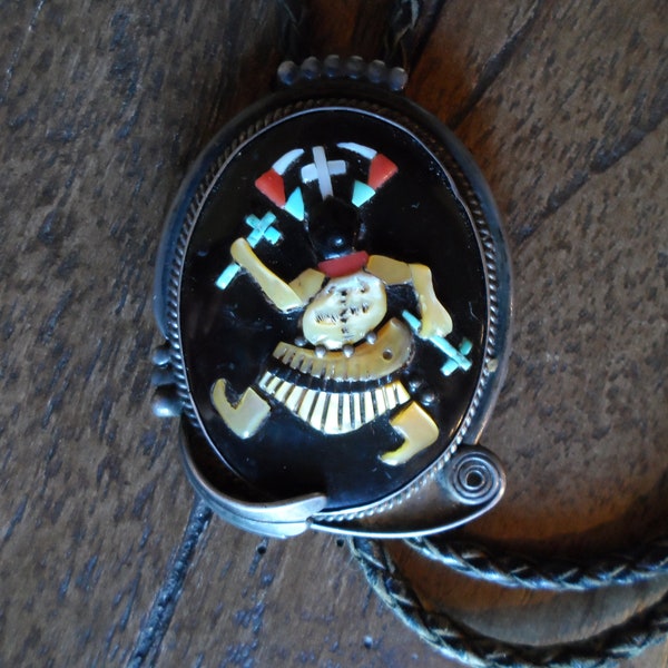 Augustine and Rosalie Pinto Inlay Zuni Dancer Bolo Tie, 1960s Multi Stone and Sterling Silver