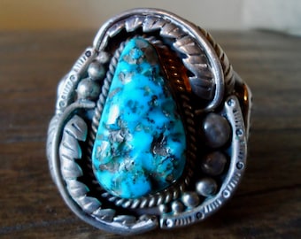 LARGE Vintage Navajo Turquoise and Sterling Silver Cuff Bracelet