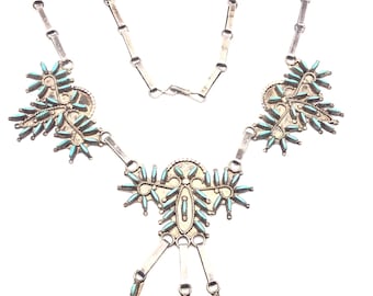 Vintage Zuni Rose Romancito Sterling Silver and Turquoise Petite Point Necklace