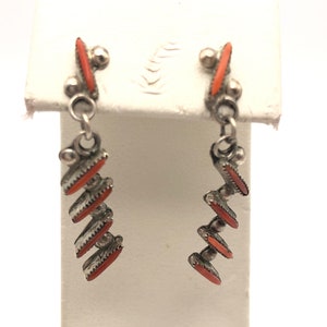 Zuni Needlepoint Coral and Sterling Silver Earrings
