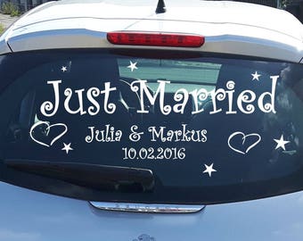 Auto Aufkleber Just Married Car Sticker Hochzeit personalisiert mit Namen und Datum