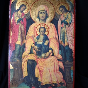 Vintage Wooden Greek Icon Madonna With Child & Angels