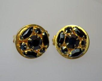 Vintage Black Czech Glass Bead Cluster Clip On Earrings