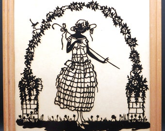 Vintage Scherenschnitte Paper Cut Silhouette Girl Under Flower Gate Framed Picture