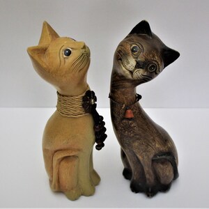 Pair Of Wooden Carved Cats Figurines