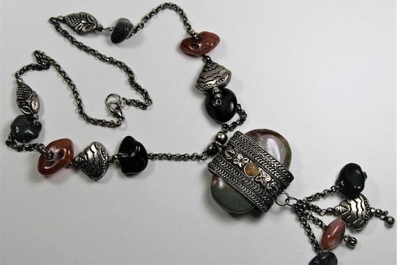 Vintage Tribal Handcrafted Darkened Silver Tone And Gemstone Necklace