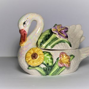 Vintage  Porcelain Swan Floral Trinket Box