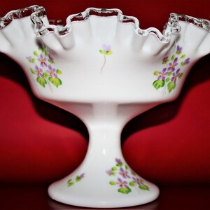 Vintage Fenton Hand Painted Art Glass Bowl Footed Ruffled Top Satin Glass Signed Vase