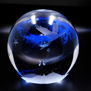 Signed Glass Paperweight Night Sky With Etched Stars And Crane