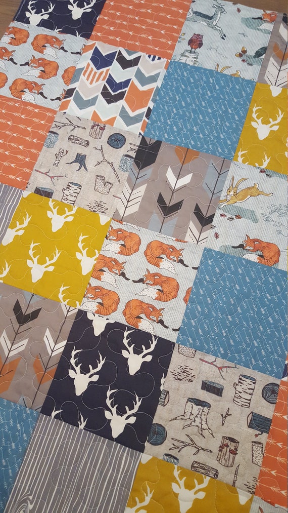 Woodland Baby Toddler Quilt Fox Deer Navy Mustard Aqua Orange Bedding Adventure Forest Friends Boy