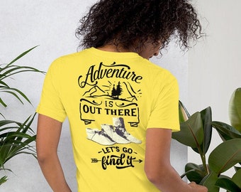 Adventure Is Out There Short Sleeve Tee with Black Print for Men and Women | Shirts for Adventurers, Mountain Climbers, Outdoorsmen