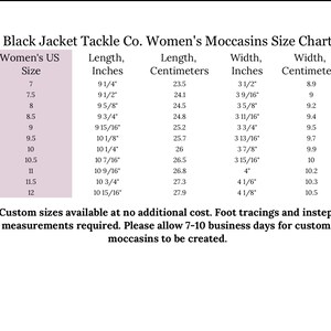 May include: A size chart for women's moccasins from Black Jacket Tackle Co. The chart lists women's UK shoe sizes, corresponding lengths in inches and centimetres, and widths in inches and centimetres.