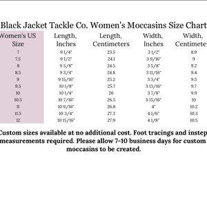 Może przedstawiać: Tabela rozmiar&oacute;w mokasyn&oacute;w damskich firmy Black Jacket Tackle Co. Tabela zawiera rozmiary but&oacute;w damskich w USA, odpowiadające im wymiary długości w calach i centymetrach oraz szerokości w calach i centymetrach.