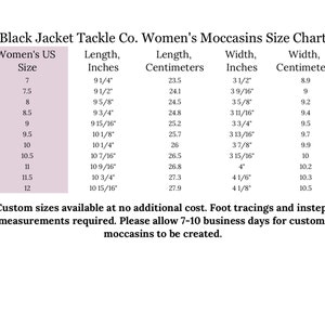 Puede incluir: Una tabla de tallas para mocasines de mujer de Black Jacket Tackle Co. La tabla muestra las tallas de zapatos de mujer de EE. UU., las longitudes correspondientes en pulgadas y cent&iacute;metros, y los anchos en pulgadas y cent&iacute;metros.