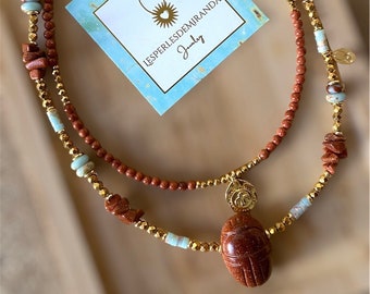 Natural stone necklace, khepri scarab pendant, lucky necklace, boho jewelry