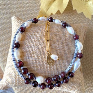 Choker necklace, cultured pearl necklace, garnet natural stone necklace, trendy necklace, gift ideas