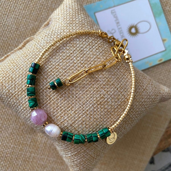 Bracelet fin miyuki, bracelet heishi pierres naturelles malachite, bijoux bohème