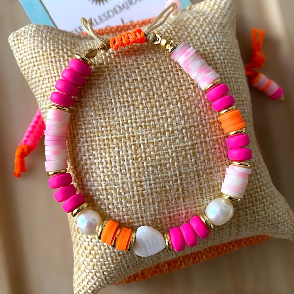 Bracelet perles heishi candy, coeur nacre, summer jewelry