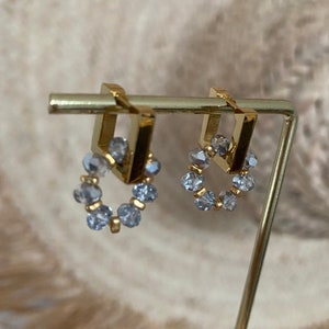 Square steel hoop earrings, waterproof, crystal glass pendant, gift ideas, Huggie Hoop, minimalist jewelry image 9