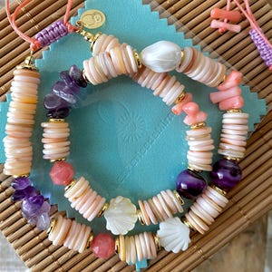 Boho chic choker necklace, Heishi necklace with natural amethyst stones, shell necklace, surfer necklace