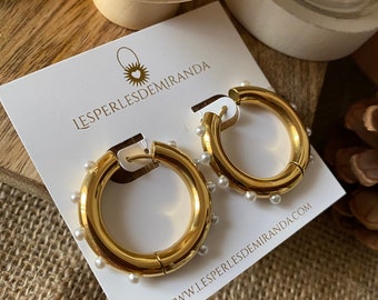 Creoles, round stainless steel earrings with small pearl, waterproof, pearl hoop