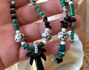 Boho necklace, natural stone necklace, malachite, summer necklace, palm tree pendant