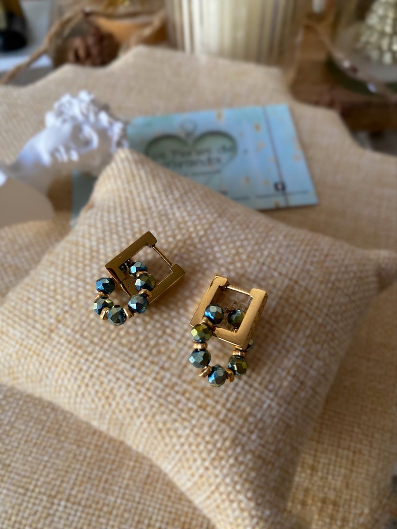 Square steel hoop earrings, waterproof, crystal glass pendant, gift ideas, Huggie Hoop, minimalist jewelry image 1