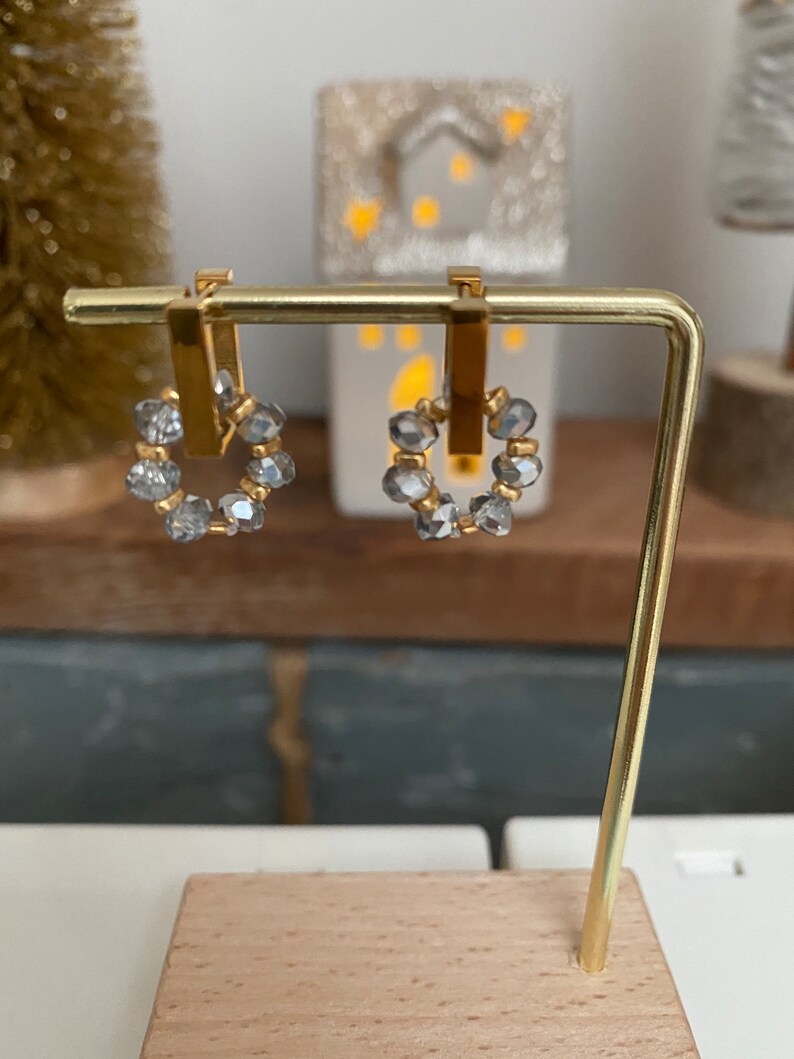 Square steel hoop earrings, waterproof, crystal glass pendant, gift ideas, Huggie Hoop, minimalist jewelry image 8