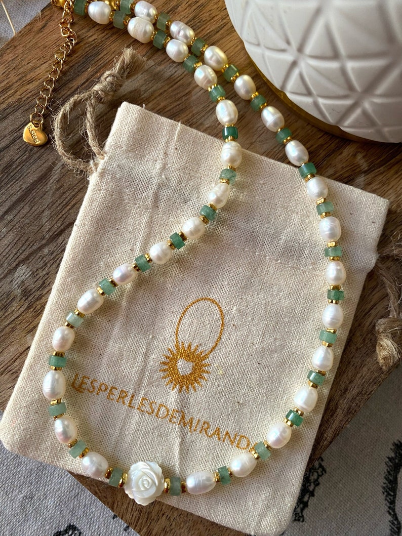 collier ras du cou en perles de culture AAA, pierres naturelles heishi aventurine,cadeau maman,fête des mères image 1