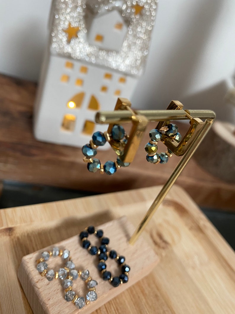 Créoles carrées en acier ,imperméables, pendentif en verre de cristal, idées cadeaux, Huggie Hoop,bijoux minimaliste image 5