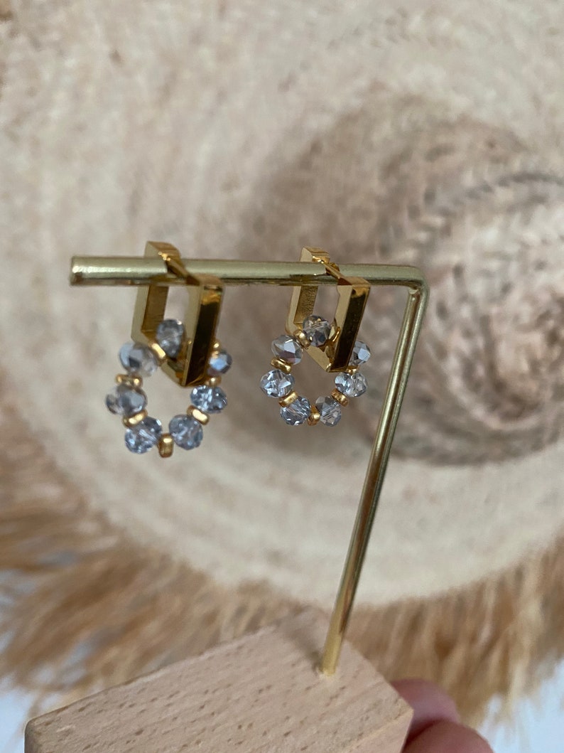 Square steel hoop earrings, waterproof, crystal glass pendant, gift ideas, Huggie Hoop, minimalist jewelry image 9