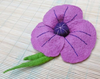 Purple, flower brooch felted, Merino Wool, OOAK