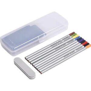 May include: A set of ten silver underglaze pencils in a clear plastic case with a grey felt eraser. The pencils are labelled "Under Glaze Z00069" and have different colour numbers on the ends.