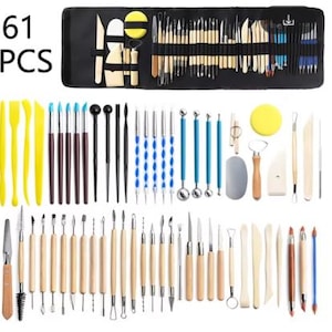 May include: A set of 61 pottery tools in a black carrying case. The tools are made of wood, metal, and plastic. The set includes a variety of shapes and sizes for sculpting, smoothing, and shaping clay.