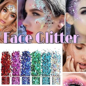 May include: A set of six small jars filled with colourful glitter. The glitter is in various shades of red, pink, blue, green, and silver. The jars are arranged in a row on a white surface. The text "Face Glitter" is written in pink letters on a purple background.