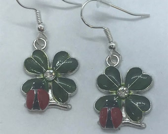 St Patrick Earrings, Green Shamrock, Shamrock Earrings, Ladybug Earrings, Irish Earrings, Clover Earrings, St Patrick's Jewelry, Four Leaf